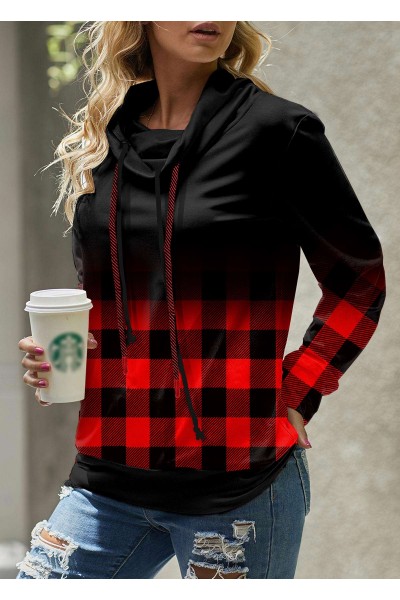 Plaid Long Sleeve Cowl Neck Sweatshirt