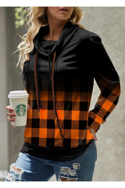 Plaid Long Sleeve Cowl Neck Sweatshirt