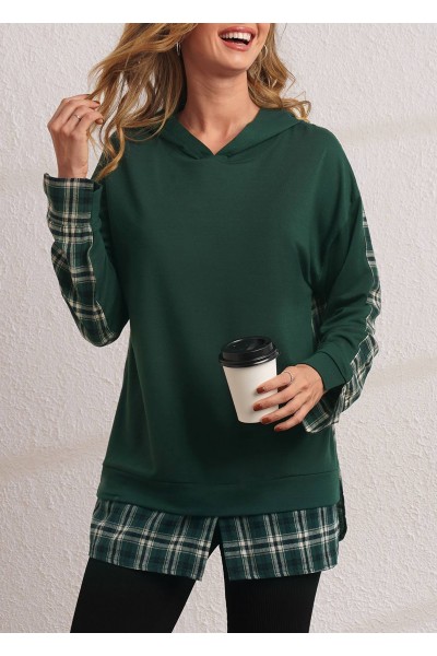 Plaid Long Sleeve Green Faux Two Piece Hoodie