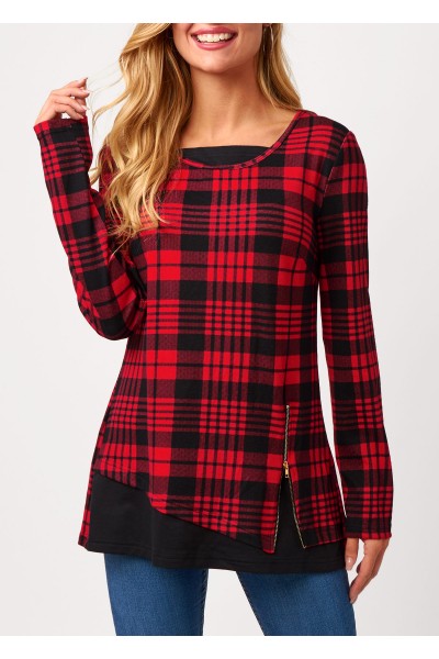 Plaid Long Sleeve Zipper Detail Sweatshirt