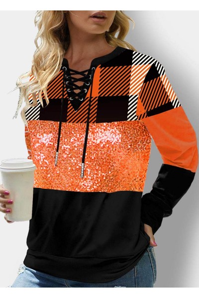 Plaid Orange Lace Up Sequin Sweatshirt