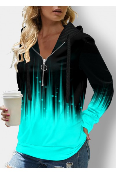 Quarter Zip Drawstring Ombre Long Sleeve Hoodie