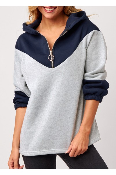 Quarter Zip Metal Ring Detail Grey Hoodie