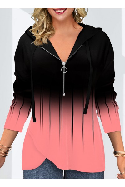 Quarter Zip Ombre Drawstring Long Sleeve Hoodie