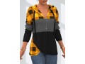 Quarter Zip Plaid Drawstring Crossover Hem Hoodie