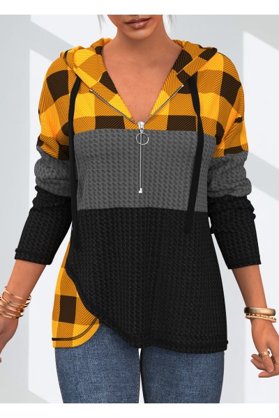 Quarter Zip Plaid Drawstring Crossover Hem Hoodie