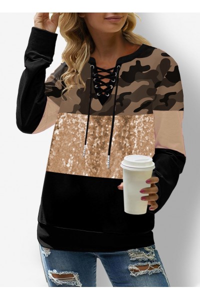 Sequin Camouflage Print Lace Up Sweatshirt