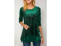 Sequin Velvet Stitching Green Round Neck Sweatshirt