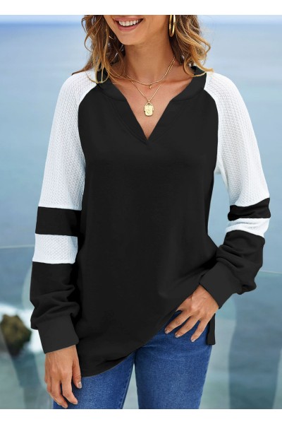 Split Neck Long Sleeve Contrast Sweatshirt