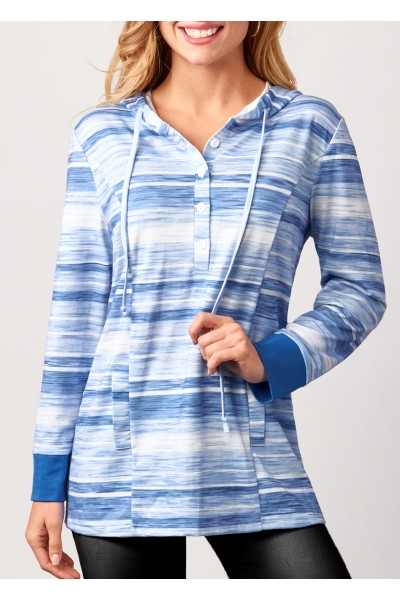 Striped Button Detail Drawstring Light Blue Hoodie