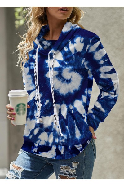 Tie Dye Print Cowl Neck Blue Sweatshirt