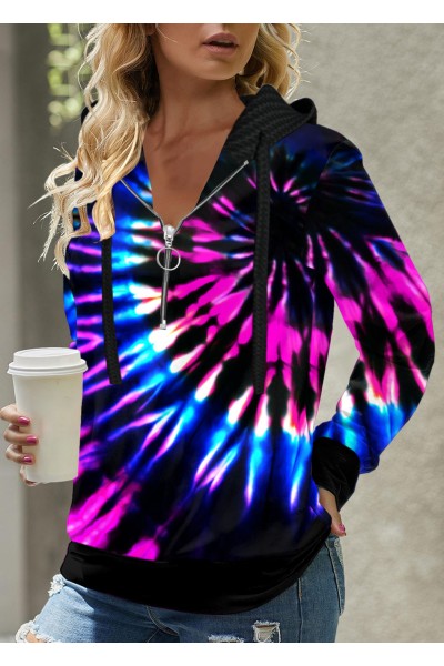 Tie Dye Print Long Sleeve Multi Color Hoodie