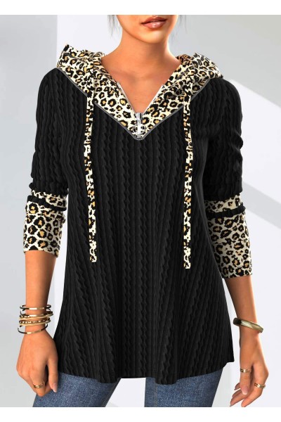 Twisted Leopard Long Sleeve Drawstring Detail Hoodie