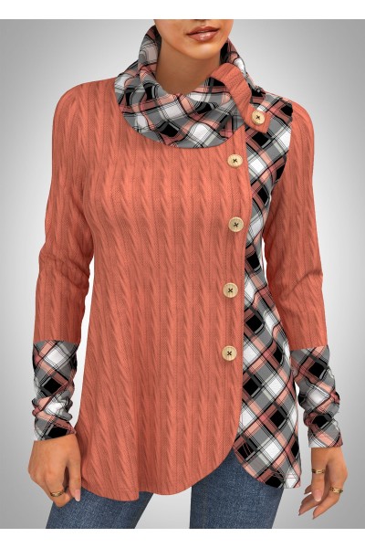 Twisted Pattern Plaid Cowl Neck Sweatshirt