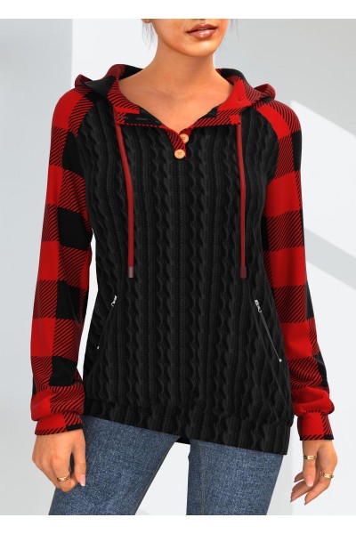 Twisted Plaid Long Sleeve Zipper Detail Hoodie