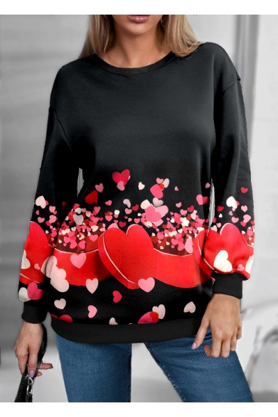 Valentines Heart Print Black Round Neck Sweatshirt