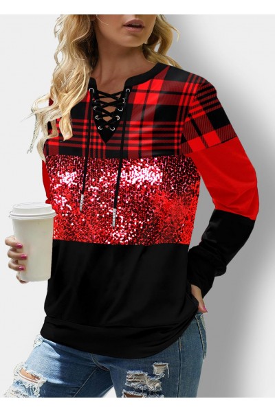 Valentines Plaid Sequin Lace Up Red Sweatshirt