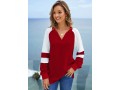 Wine Red Split Neck Contrast Long Sleeve Sweatshirt