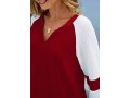 Wine Red Split Neck Contrast Long Sleeve Sweatshirt