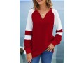 Wine Red Split Neck Contrast Long Sleeve Sweatshirt