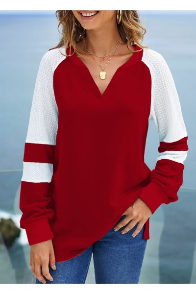 Wine Red Split Neck Contrast Long Sleeve Sweatshirt