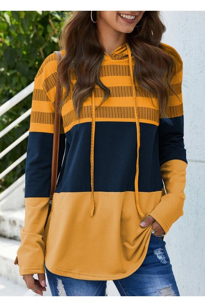 Yellow Striped Drawstring Contrast Long Sleeve Hoodie