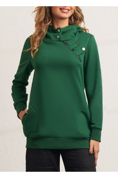 Zipper Detail Dark Green Long Sleeve Hoodie