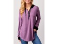 Zipper Detail Drawstring Purple Long Sleeve Hoodie