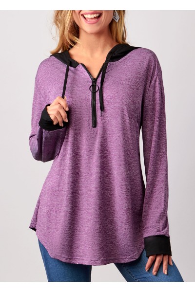 Zipper Detail Drawstring Purple Long Sleeve Hoodie